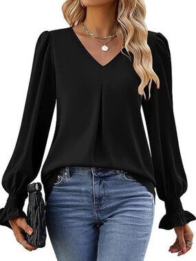 Womens Black Long Sleeve Ruffled Cuffs Blouse Top Office Work Size XL